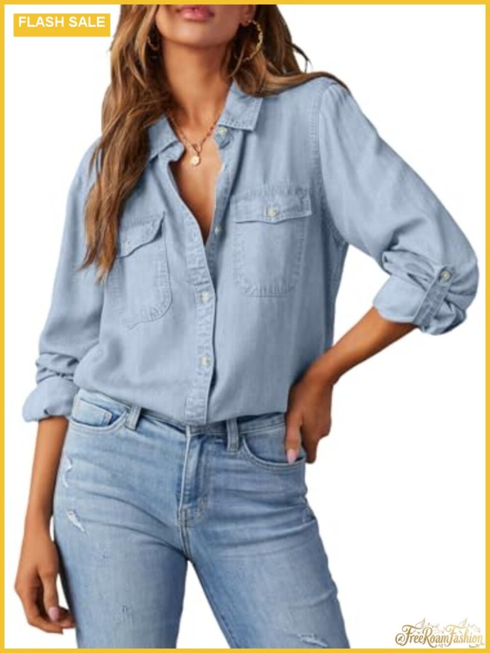Women's Denim Button Down Shirt Chambray Blouse Long Sleeve Lightweight Lyocell